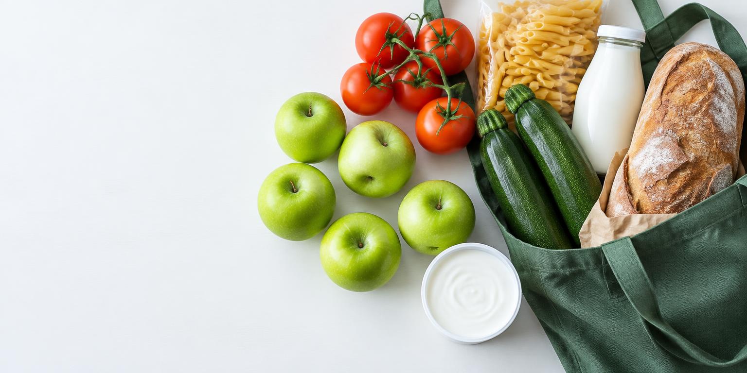 Spesa fresca con frutta, verdura, pane e una borsa riutilizzabile